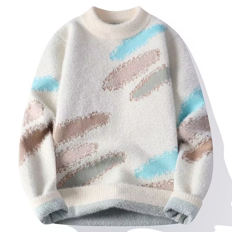 潮流帥氣拼色仿貂加厚半高領針織毛衣