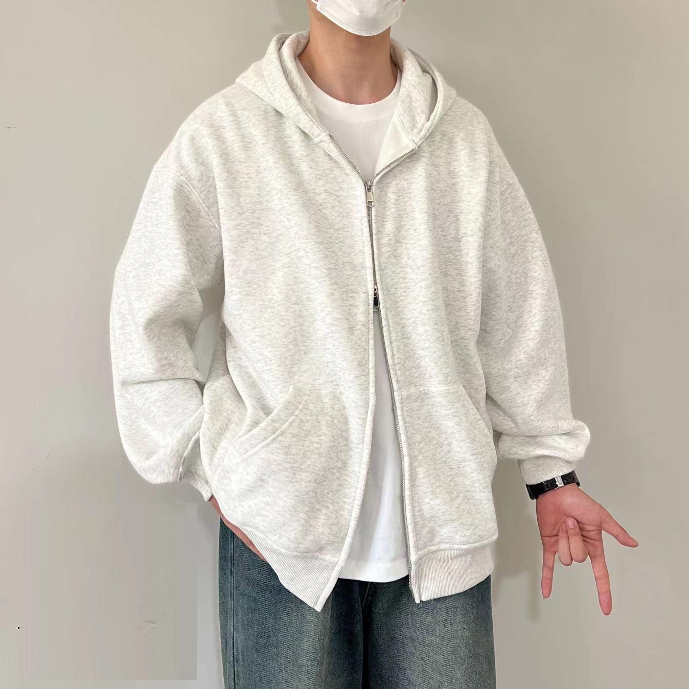 重磅時尚潮流寬鬆休閒素色開衫雙拉鏈連帽T