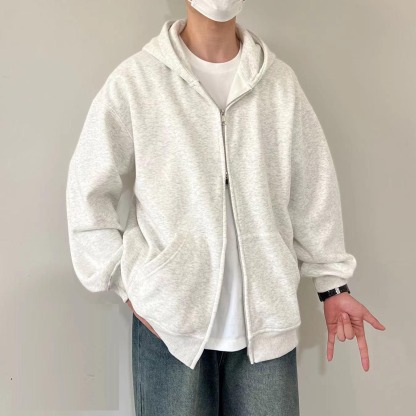 重磅時尚潮流寬鬆休閒素色開衫雙拉鏈連帽T