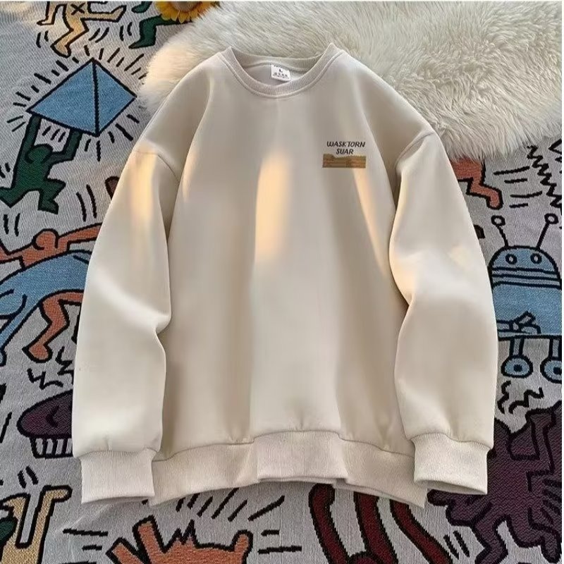 美式痞帥復古重磅圓領刷毛寬鬆帥氣長袖T恤