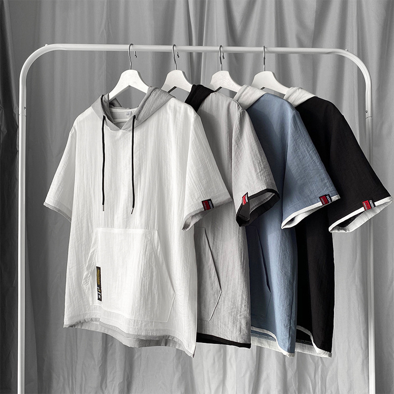 拼接潮流日系撞色套頭半袖連帽T