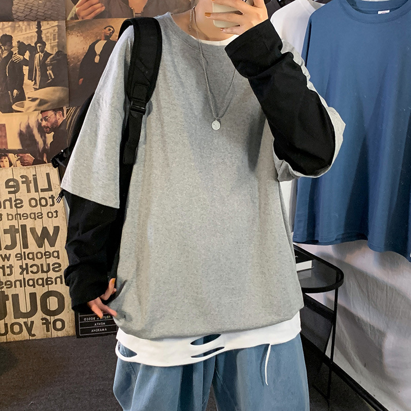 假兩件ins潮流圓領衛衣寬鬆高街長袖t恤