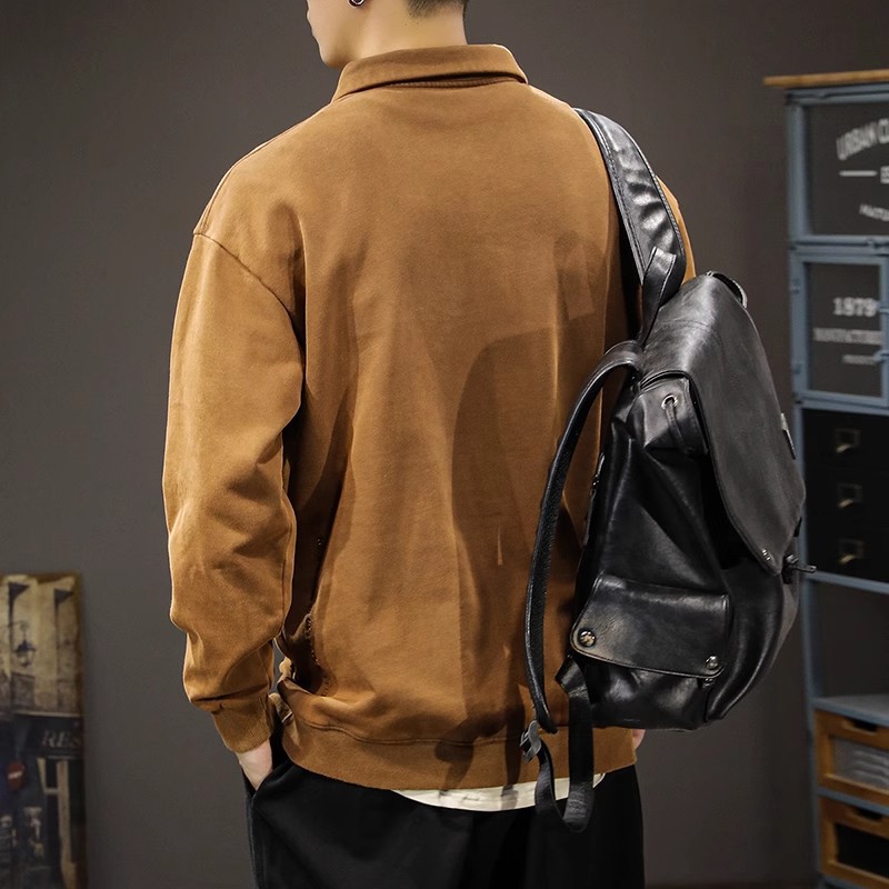 重磅美式復古POLO領寬松大碼百搭痞帥長袖衛衣