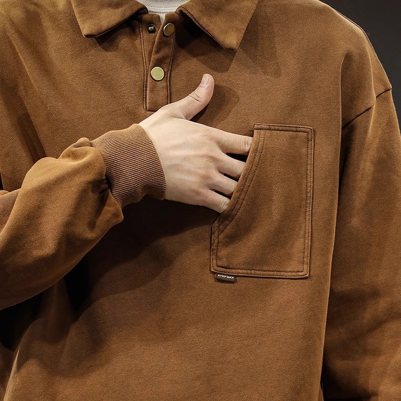 重磅美式復古POLO領寬松大碼百搭痞帥長袖衛衣