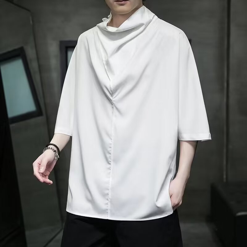 設計感級垂感寬鬆高堆領冰絲短袖