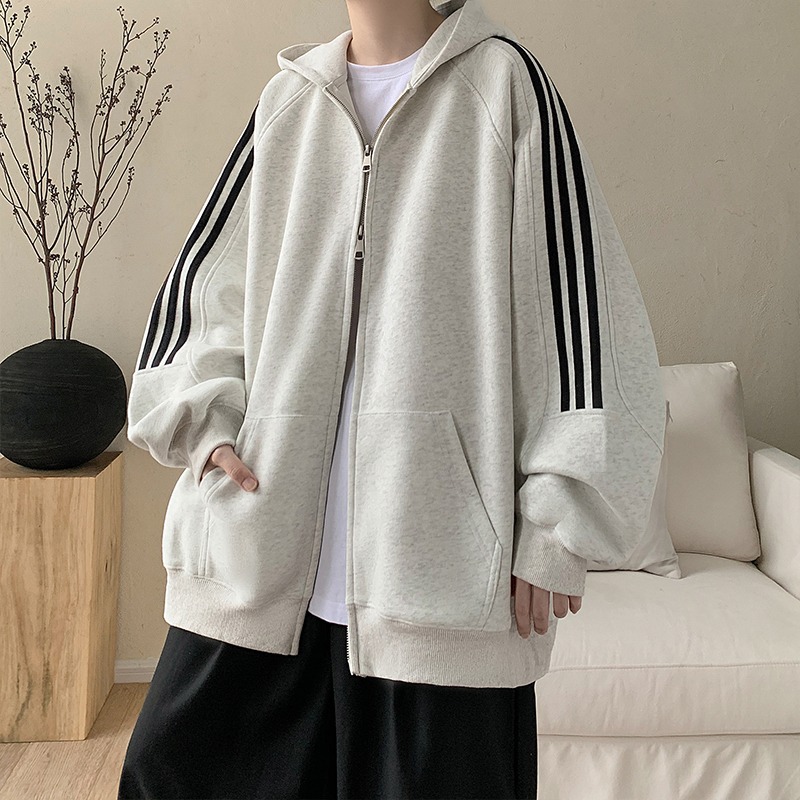 日系復古寬鬆休閒拉鏈條紋連帽外套