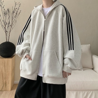 日系復古寬鬆休閒拉鏈條紋連帽外套