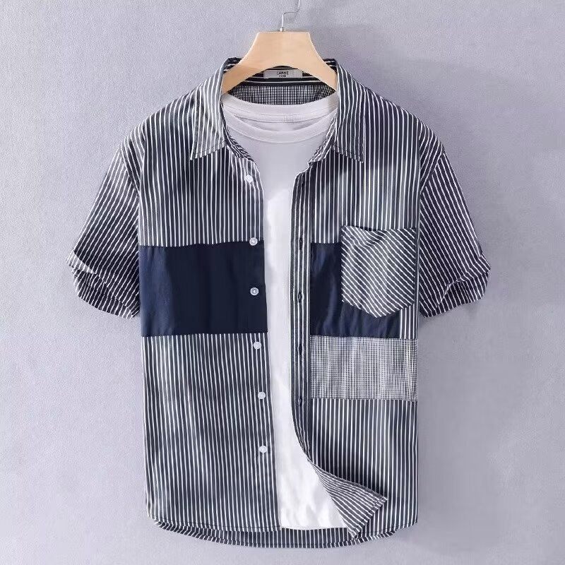 拼接撞色翻領條紋休閒時尚簡約港風襯衫