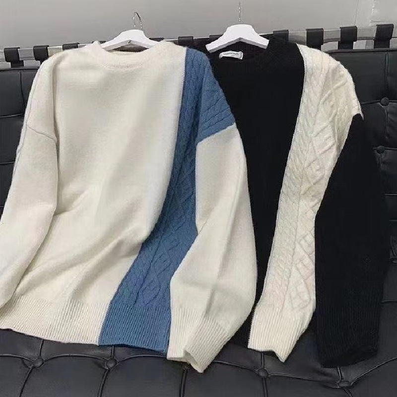 撞色拼接ins潮流慵懶圓領針織衫