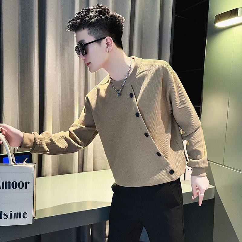 潮牌痞帥排扣打底衫燈芯絨長袖T恤