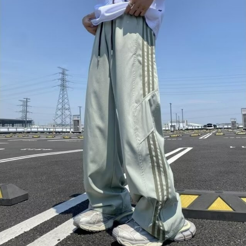 美式三條紋運動薄款潮牌寬鬆休閒直筒闊腿褲