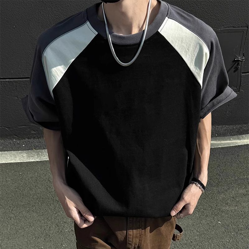 設計感重磅棉質插袖拼接寬鬆短袖t恤