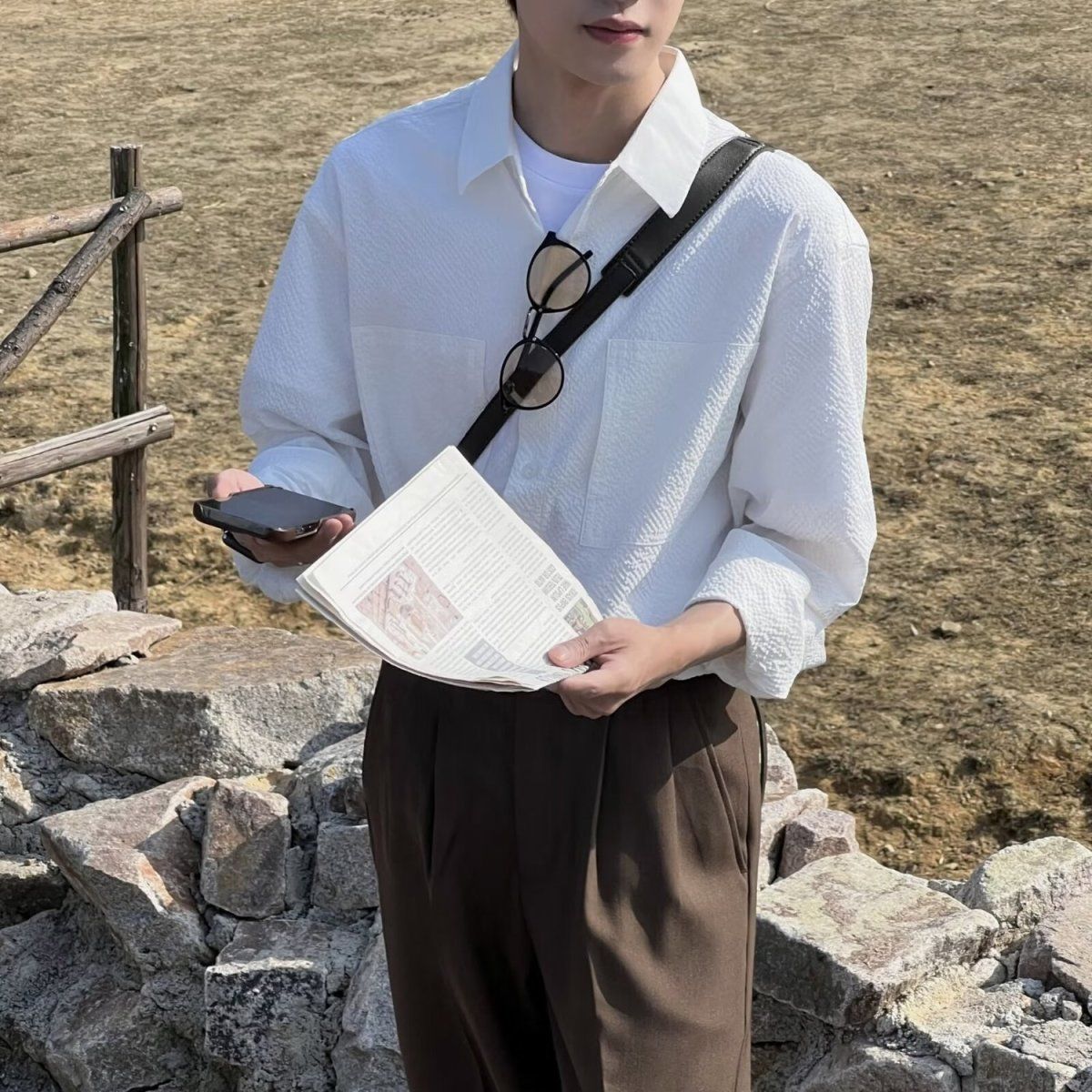 【單件/套裝】韓系時尚咖色泡泡肌理面料襯衫+寬松百搭休閑西褲兩件套