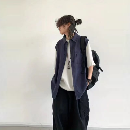 【單件/套裝】日系街頭假兩件工裝襯衫+短袖打底衫+項鏈+百搭休閑褲四件套