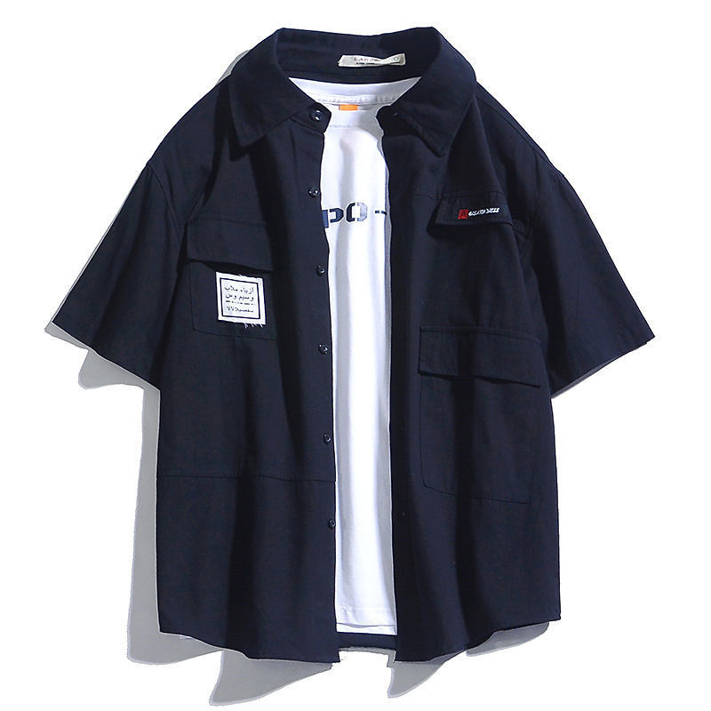 日系工裝短袖復古潮牌港風短袖襯衫