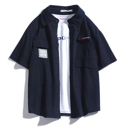 日系工裝短袖復古潮牌港風短袖襯衫