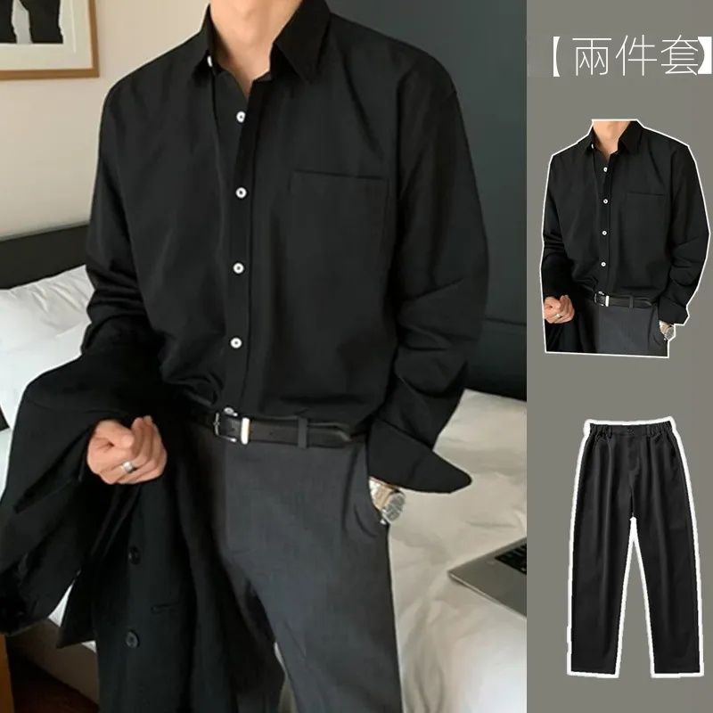 【單件/套裝】高級感長袖襯衫+黑色西裝褲兩件套裝-NitSoon