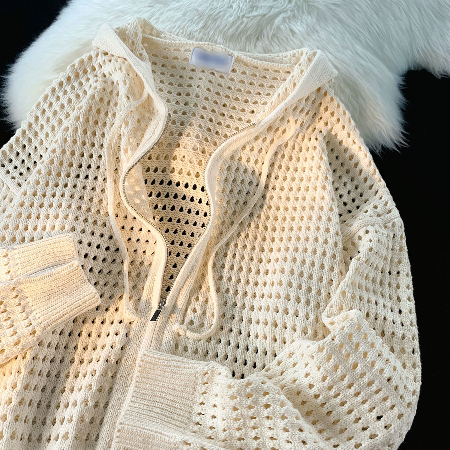 設計感高級鏤空連帽開衫防曬衣男女春夏寬鬆針織衫ins慵懶風外套