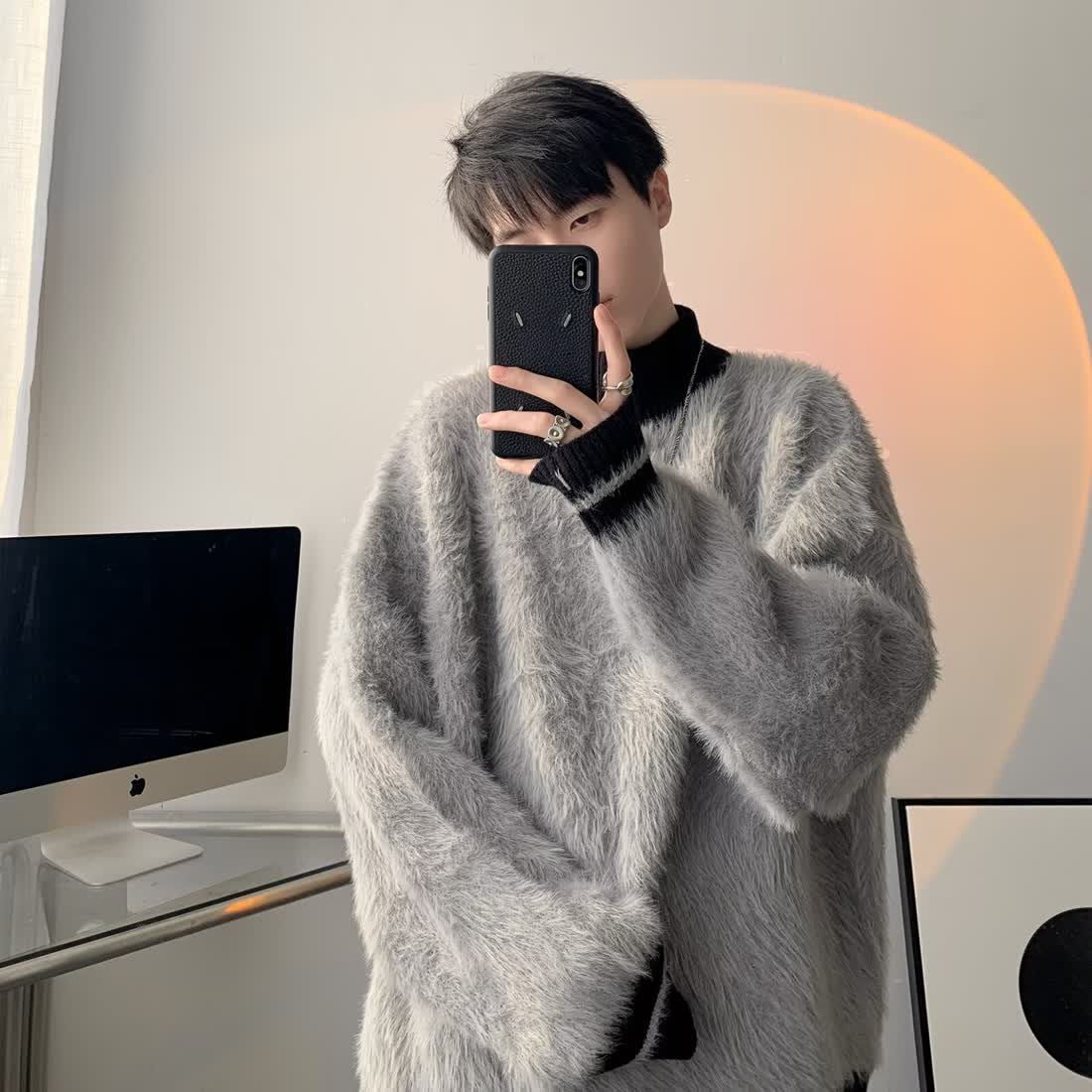 半高領加厚仿馬海毛慵懶風條紋針織毛衣