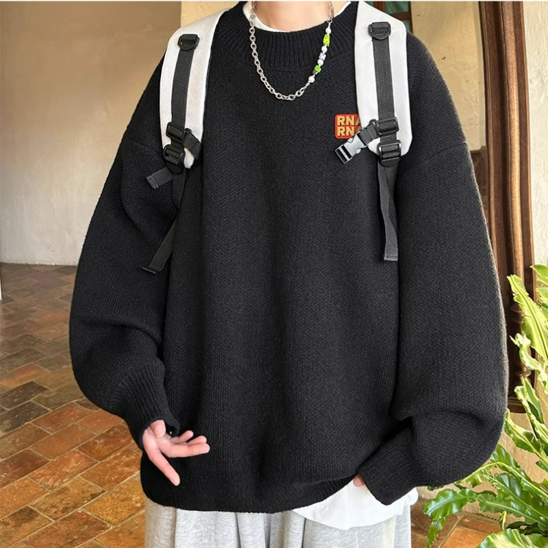 加厚慵懶風休閒寬鬆型素色長袖圓領針織毛衣