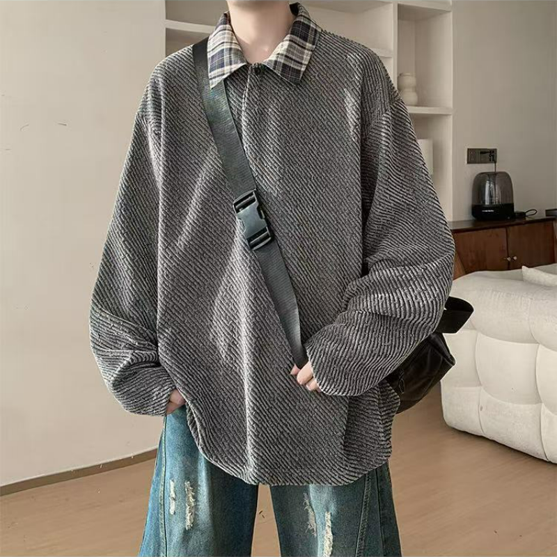 假兩件針織polo打底衫寬鬆大碼長袖t恤