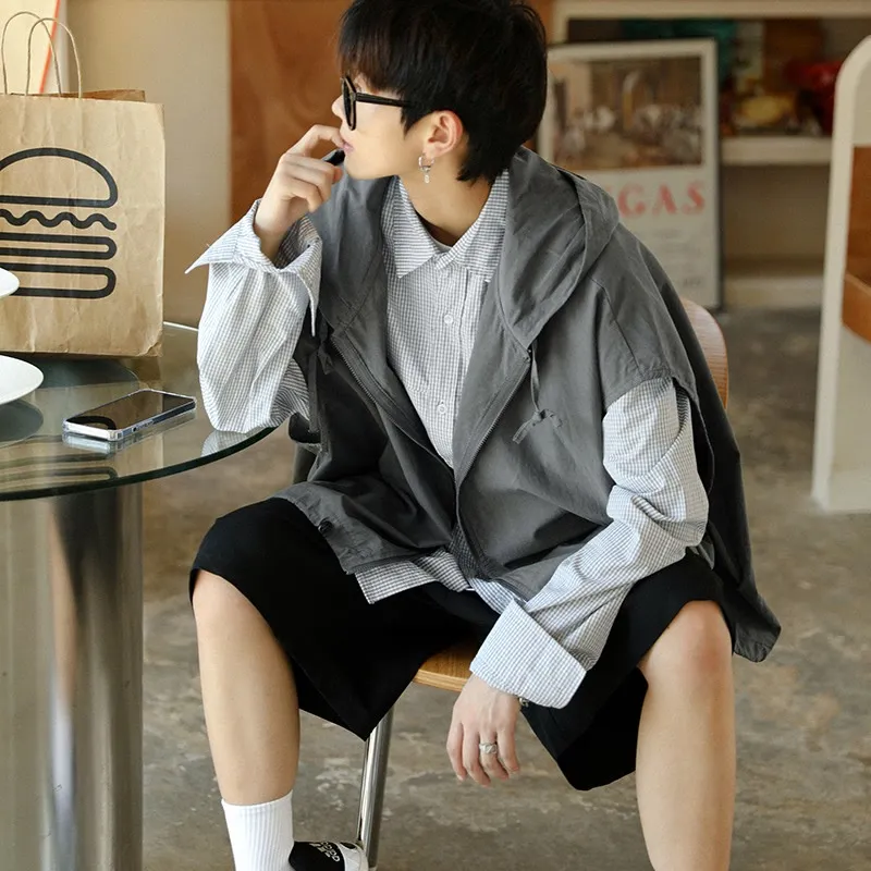 復古文藝休閒外搭寬鬆慵懶風連帽背心馬甲