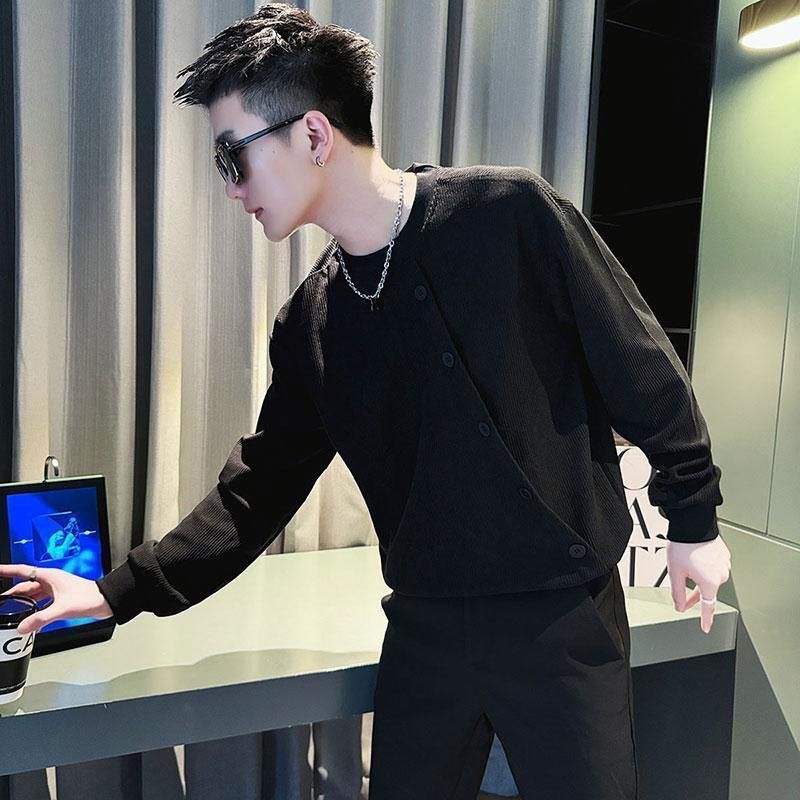 潮牌痞帥排扣打底衫燈芯絨長袖T恤