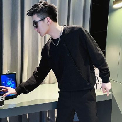 潮牌痞帥排扣打底衫燈芯絨長袖T恤