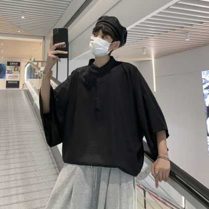 新中式寬鬆顯瘦百搭冰絲五分袖蝙蝠襯衫