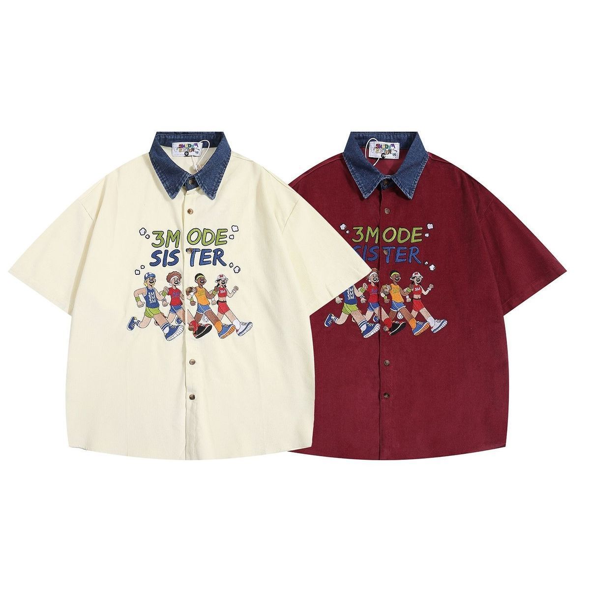 @美式復古寬鬆刺繡拼接牛仔領短袖襯衫