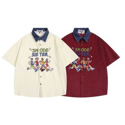 @美式復古寬鬆刺繡拼接牛仔領短袖襯衫