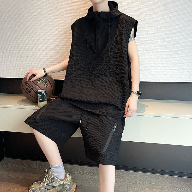 【整套】冰絲休閒運動連帽時尚無袖t恤短褲兩件套裝