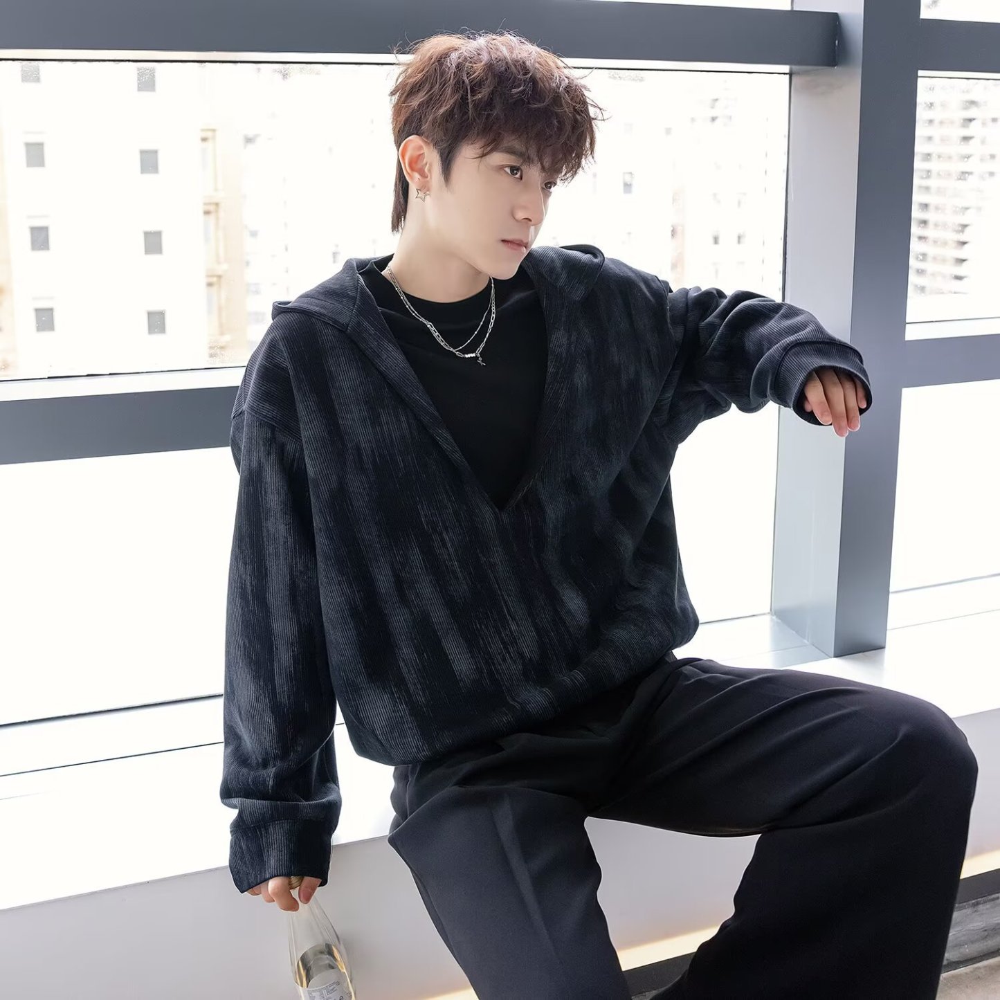 深V領港風潮牌滿印寬鬆百搭套頭連帽T