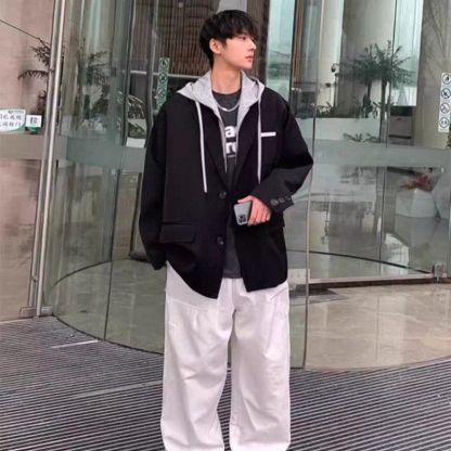 假兩件連帽港風寬鬆休閒高級帥氣西裝外套