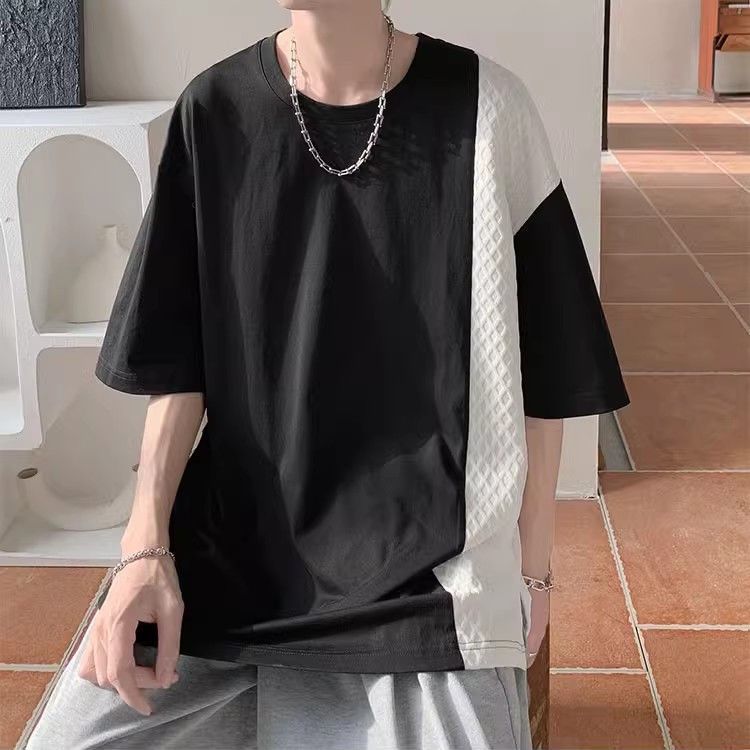 美式復古華夫格設計感拼接撞色短袖t恤