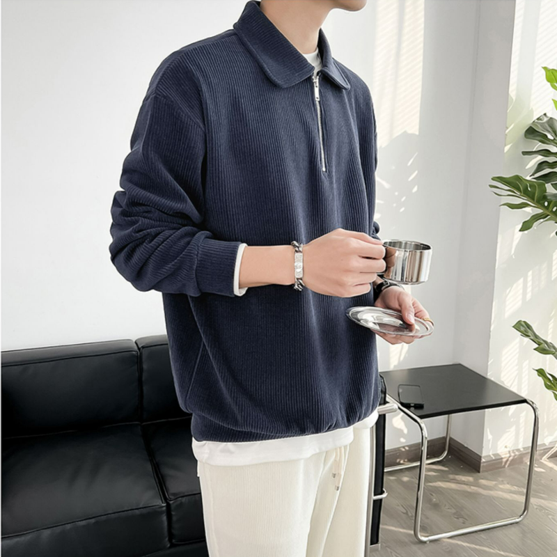 痞帥炸街輕熟風翻領條紋薄半拉鍊長袖polo衫