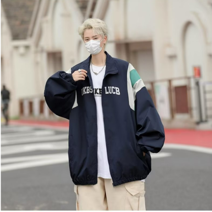 痞帥薄款嘻哈百搭拼接立領夾克外套