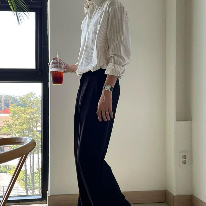 【單件/套裝】高級感小眾痞帥條紋休閑襯衫+百搭西褲兩件套裝