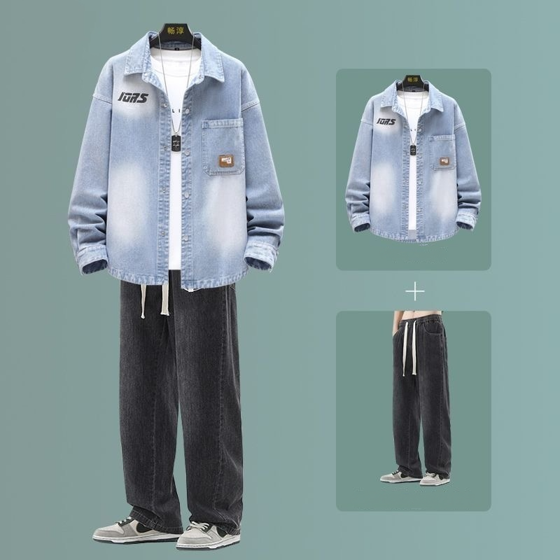 【單件/套裝】牛仔翻領夾克襯衫+系帶牛仔褲裝兩件套套裝