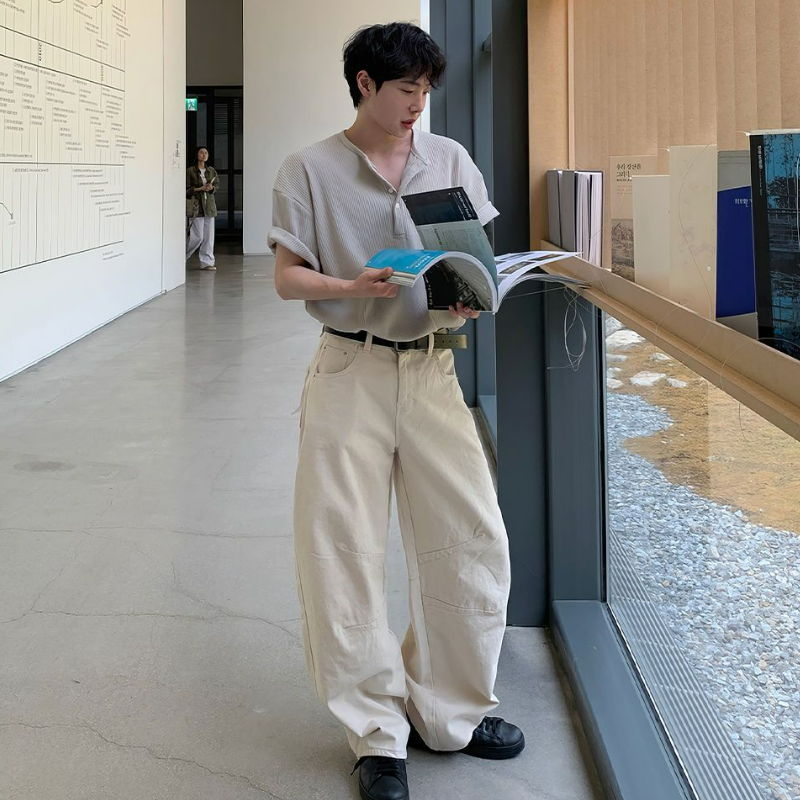 亨利領螺紋華夫格韓版透氣休閒百搭時尚短袖t恤