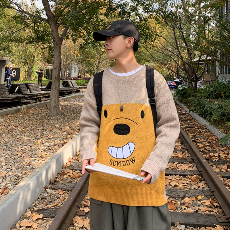 春秋韓版潮流情侶裝長袖休閒小熊針織毛衣