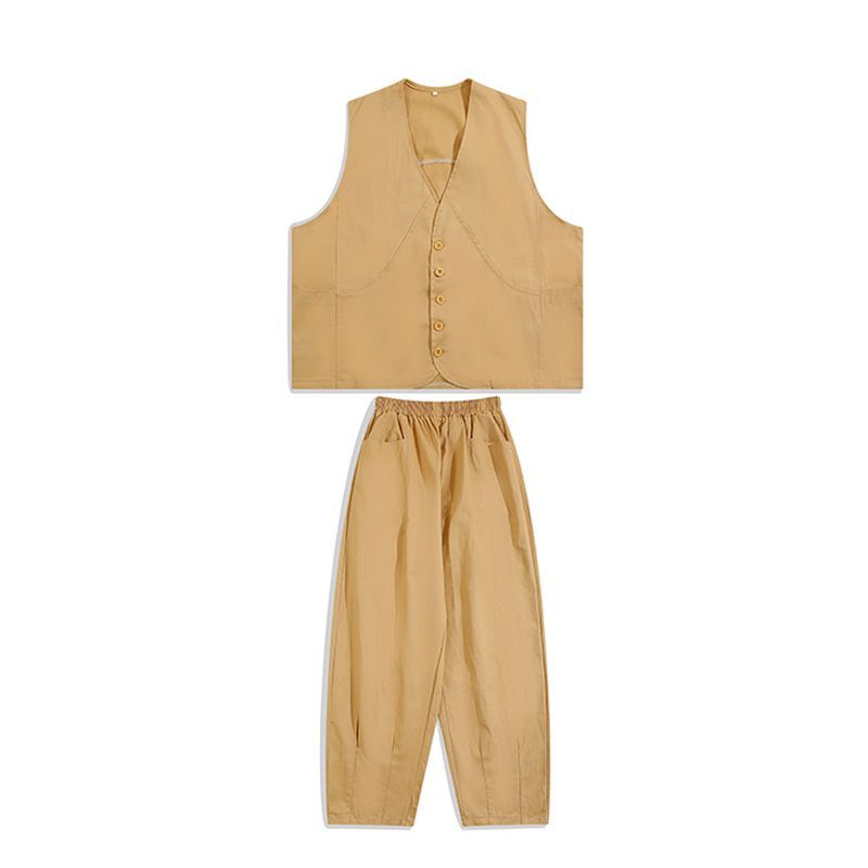 【單件/套裝】日系痞帥潮流高級工裝馬甲+百搭T恤+休閑闊腿褲三件套