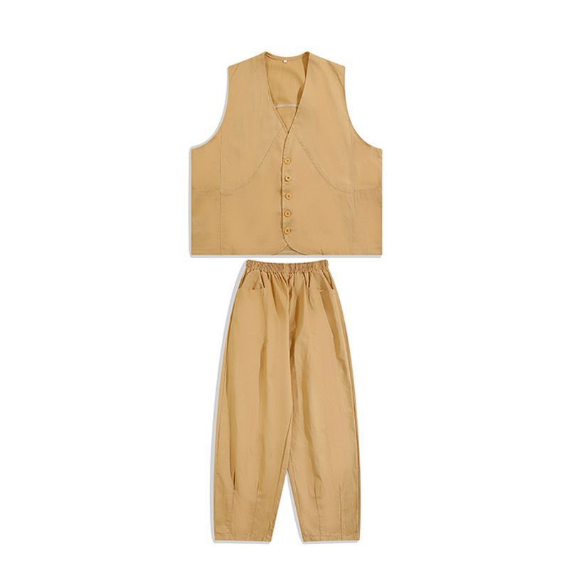 【單件/套裝】日系痞帥潮流高級工裝馬甲+百搭T恤+休閑闊腿褲三件套