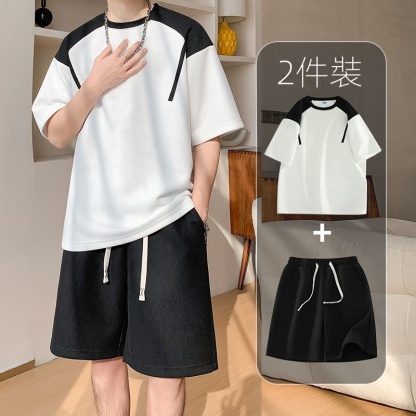 套裝男士夏季薄款休閒整套搭配青少年寬鬆短袖透氣t恤五分短褲男