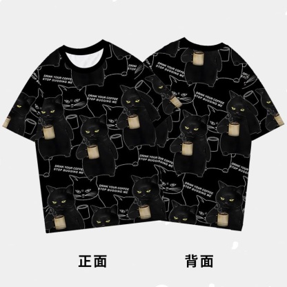 趣味創意不耐煩腹黑貓咪喝咖啡情侶短袖T恤