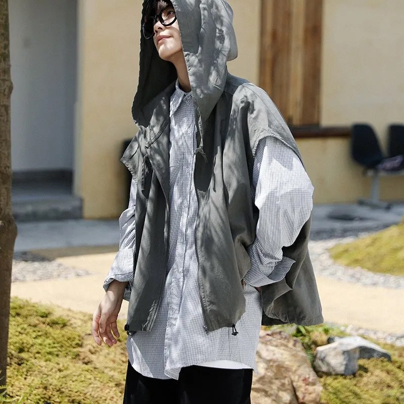 復古文藝休閒外搭寬鬆慵懶風連帽背心馬甲