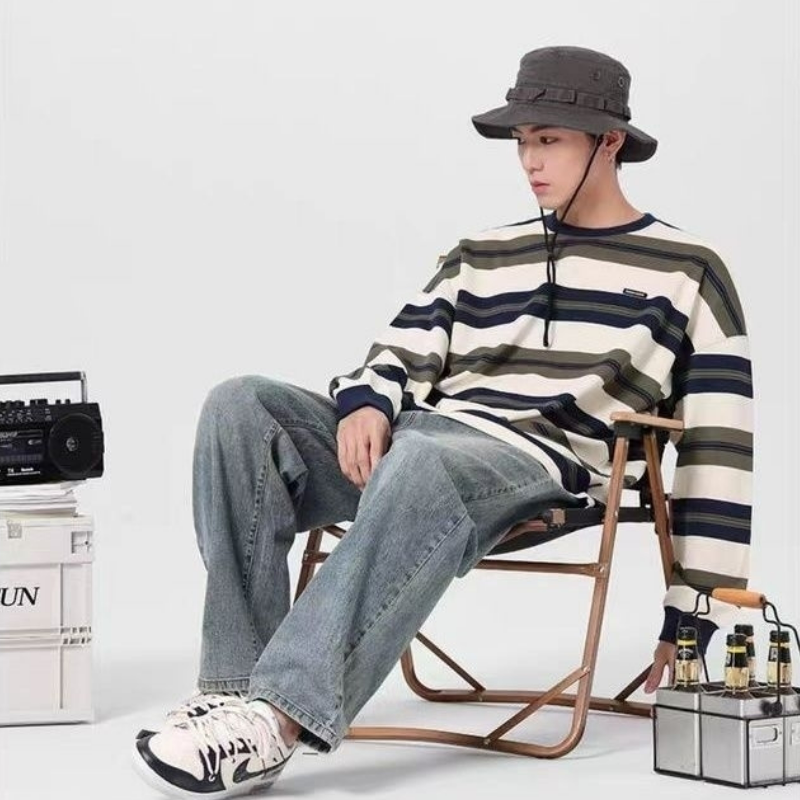 重磅潮牌圓領寬鬆條紋休閒純棉長袖t恤