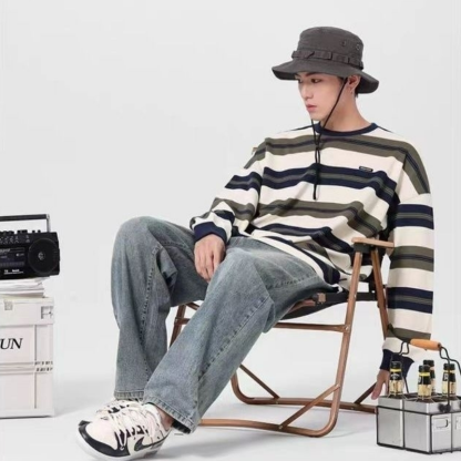 重磅潮牌圓領寬鬆條紋休閒純棉長袖t恤