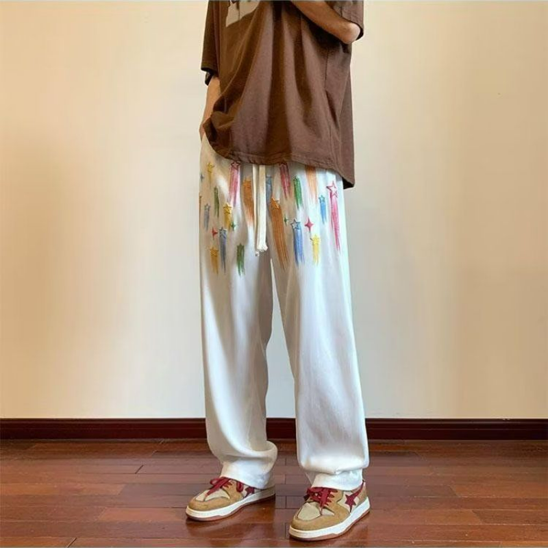 塗鴉星星美式復古休閒垂感痞帥直筒運動褲