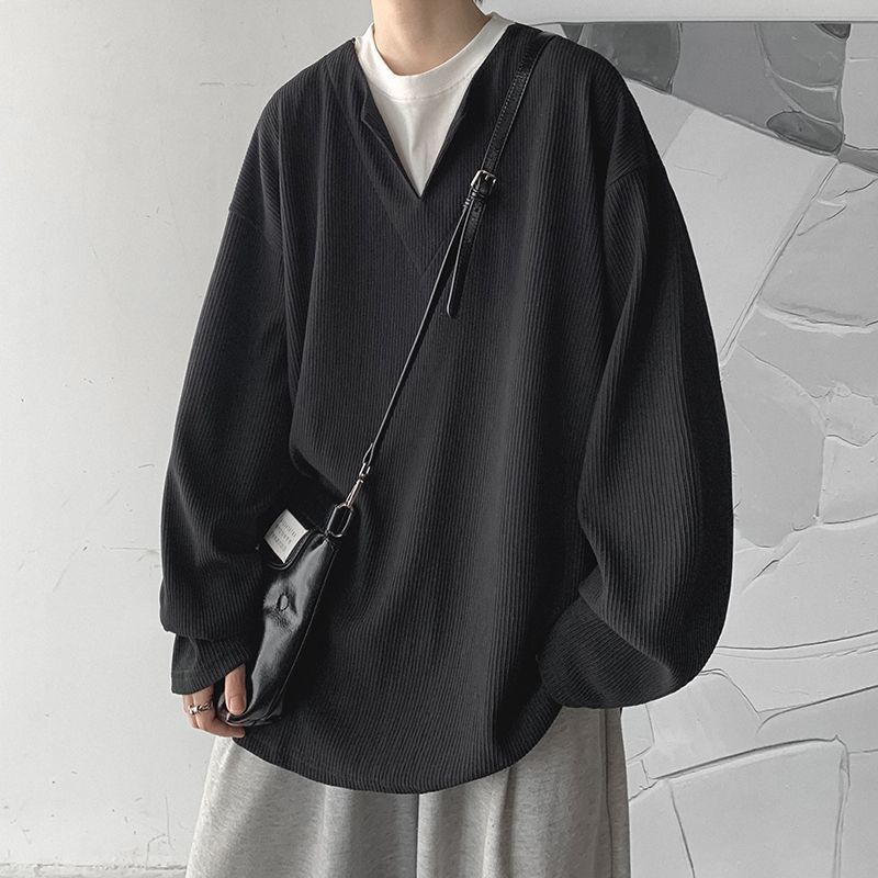 垂墜感潮流休閒假兩件港風日系長袖T恤